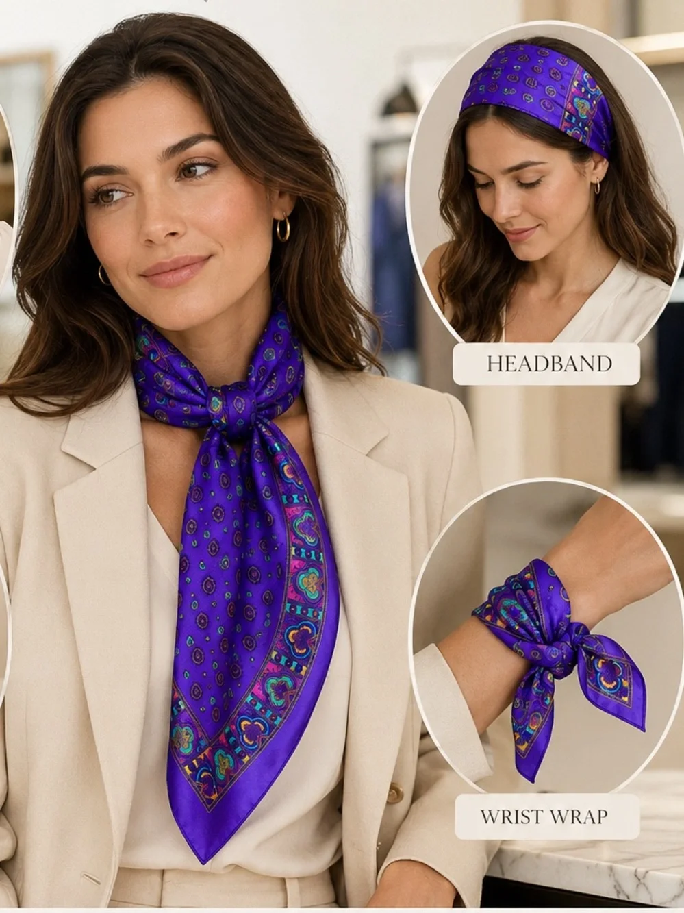 Vintage Inspired Purple Satin Scarf Geometric‎ Medallion Print Wrap